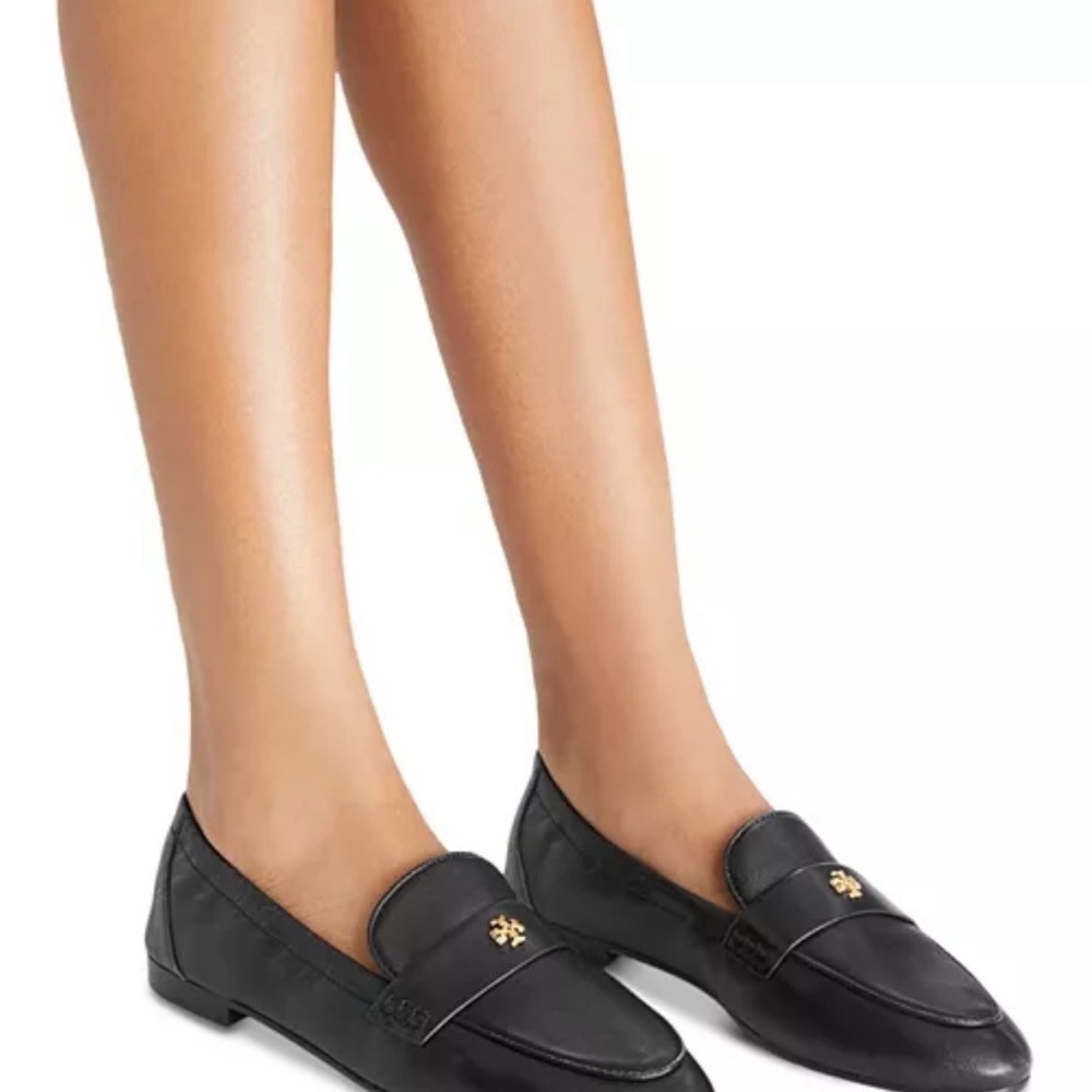 Tory Burch Black Leather Ballet Loafers with Gold Accent